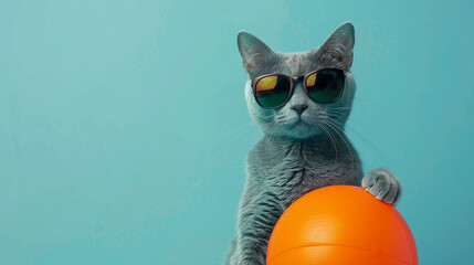 A beach-ready turquoise cat with sleek black sunglasses and a vibrant orange beach ball, embodying...