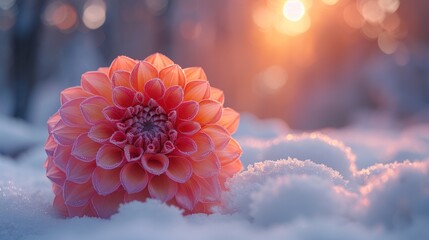 a close up of a flower in the snow with the sun shining through the trees in the backgroud.