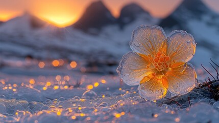 a yellow and white flower sitting on top of a pile of snow next to a mountain covered in drops of dew.