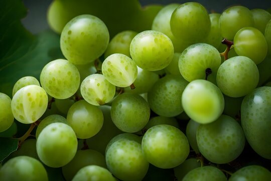 A detailed close-up of a cluster of green grapes, capturing their translucent skins and sweet allure.