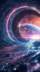 A sleek metallic time capsule approaching a glowing warp gate in a sci fi interstellar landscape