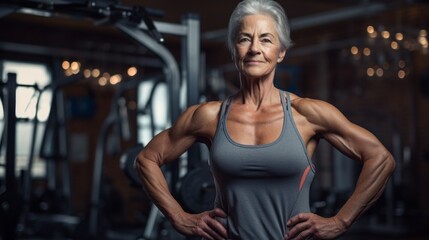 Fototapeta na wymiar Portrait of Athletic muscular senior woman looking at the camera in the gym. Sports, Bodybuilding, Crossfit, Training, Weightlifting, Physical education, Healthy lifestyle, Pensioners concepts.