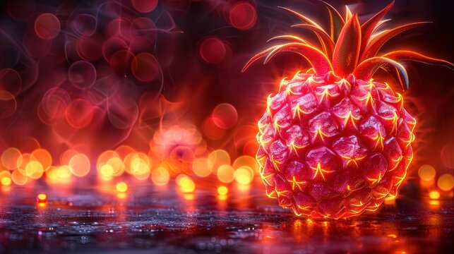 a large red pineapple sitting on top of a table next to a group of small orange and red lights.