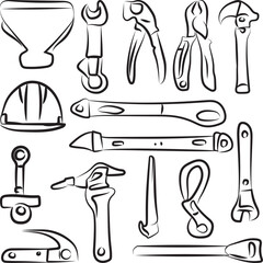 Complete handyman tool icon, line art icon pack