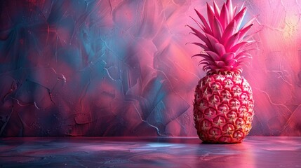 a pink pineapple sitting on a table in front of a purple and blue wall with a pink and blue background.