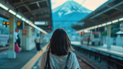 Solo Traveler Back View, Train Station, japan mountain, Cool Tones - obrazy, fototapety, plakaty