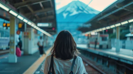 Fotobehang Solo Traveler Back View, Train Station, japan mountain, Cool Tones © Pongsapak