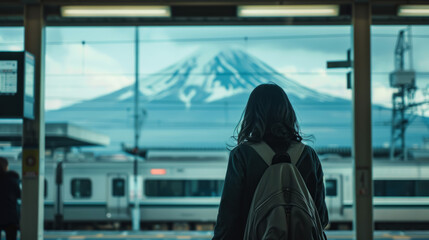 Solo Traveler Back View, Train Station, japan mountain, Cool Tones