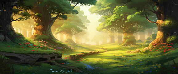 Picturesque gradient forest with dappled sunlight and a colorful canopy, showcasing the cutest and...