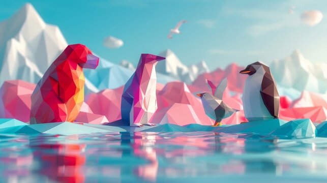 A playful low poly background featuring geometric animals in a vibrant ecosystem