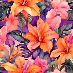 Watercolor tropical pattern, Floral paradise illustration, generative ai