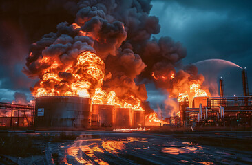 Dramatic scene of a massive fire and smoke engulfing an industrial plant, lighting up the night sky with intense, fiery colors. generative AI