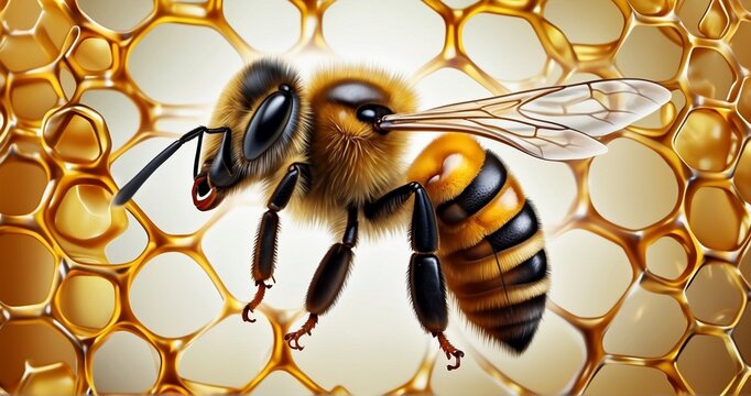 Illustrate a macro image of a honey bee on a honeycomb, showcasing the ultra-realistic details of the bee's body against the hexagonal cells. Highlight the translucent quality -AI Generative