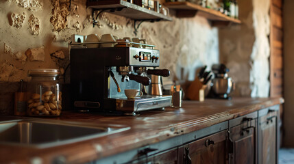 A professional espresso machine on a wooden countertop, with a rustic stone wall and kitchen utensils in the background, evoking a cozy, artisan coffee shop atmosphere. Generative AI