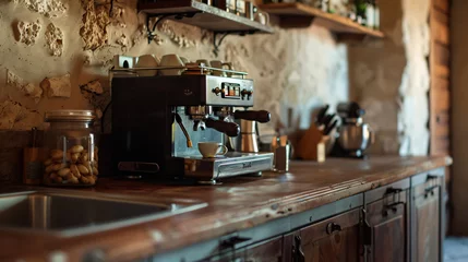 Crédence de cuisine en verre imprimé Magasin de musique A professional espresso machine on a wooden countertop, with a rustic stone wall and kitchen utensils in the background, evoking a cozy, artisan coffee shop atmosphere. Generative AI