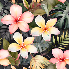 Watercolor tropical pattern, Floral paradise illustration, generative ai