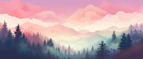 Picturesque gradient forest with misty trees and a colorful sky, showcasing the cutest and most beautiful woodland scenery. - obrazy, fototapety, plakaty