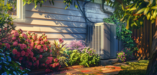 An outdoor air conditioning unit is nestled among lush greenery and vibrant flowers, blending technology with nature.