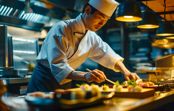 Professional japanese chef showing skill of cooking sushi,food in kitchen with fresh ingredients.restaurant business industry background.quality of taste