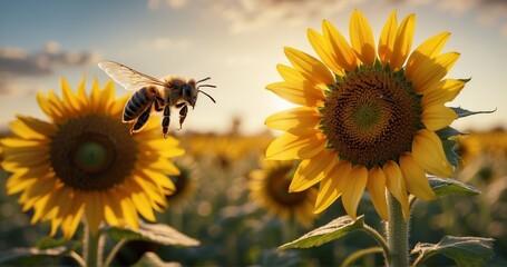 Compose an image of a honey bee foraging in a sunflower field. Capture the ultra-realistic details of the bee's flight, the delicate interaction with the sunflower, and the golden hues -AI Generative - obrazy, fototapety, plakaty