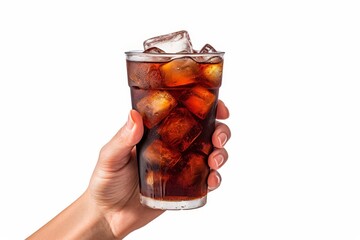 A hand holds a glass of cola with ice on white background