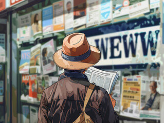 News concept image with News sign and man reading a newspaper 