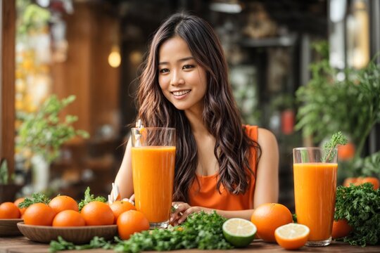 Portrait of a happy woman with a orange healthy drink, a happy woman with a orange detox drink