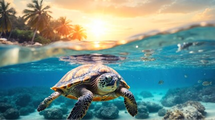 A green sea turtle swimming in a beautiful blue ocean reef at an island with fishes, seaweed and...