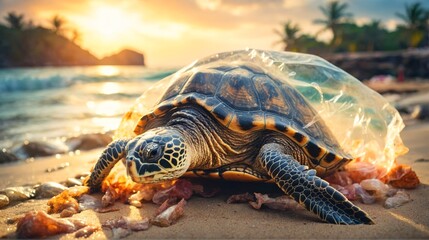 Plastic pollution in ocean problem. Sea Turtle in plastic bag, A turtle trapped in a plastic bag in...