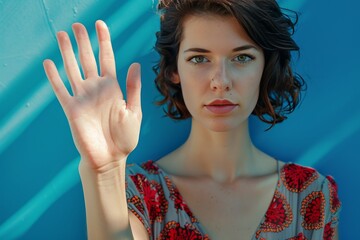 woman showing stop hand sign and strong body language saying No