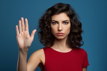Close-up Feminist woman showing stop hand sign and strong body language saying No