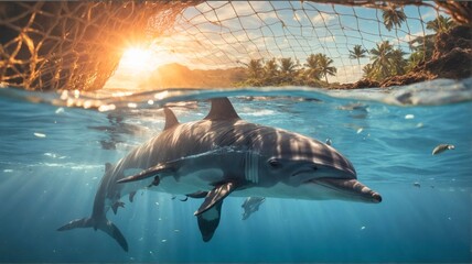 A dolphin entangled in a net for fishing