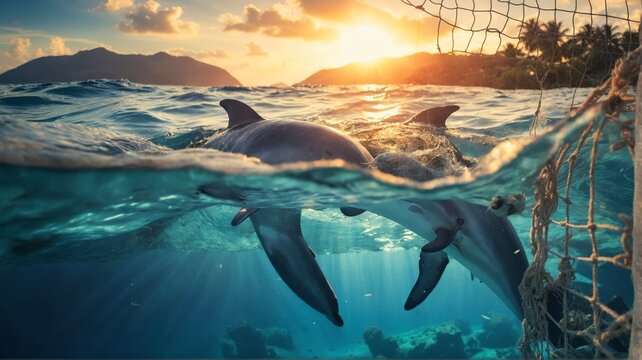 Dolphins underwater entangled in a fishing net at sea, pollution problems affecting the life of wild animals.