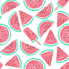 Hand drawn pastel chalk seamless pattern with lots of ripe mature appetizing pink red watermelon pieces as summer food illustrated background.