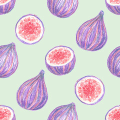 Hand drawn seamless pattern with purple violet ripe appetizing sweet fig fruits as summer food background.Bright tropical fruit isolated on green,design, wallpaper,textile, wrapping paper