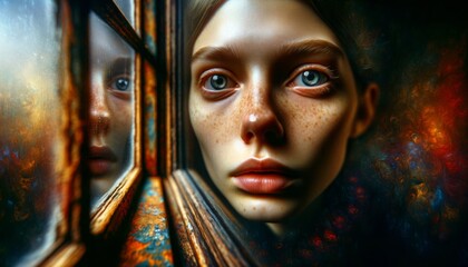 Reflective Woman Gazing Through a Colorful Window