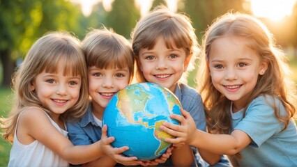 Happy children holding the globe in their hands. Global peace and human rights concept. World earth day concept