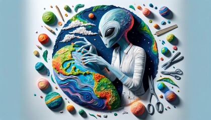 Alien Sculpting Earth from Artistic Materials