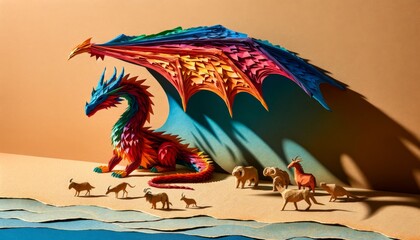 Colorful paper art of a dragon and animals