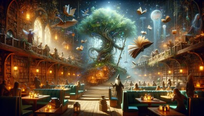 Enchanted Library with Magical Tree and Floating Books