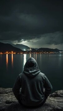 a man is sitting on rocks and looking into the habor