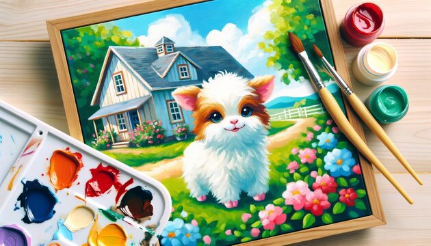 Colorful painting of a cute dog in a garden