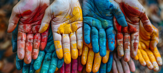 Hands of different colors painted in different ways. Colorful background. World Day for Cultural Diversity for Dialogue and Development. 
