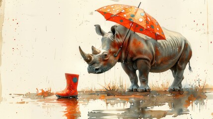 a painting of a rhino standing next to a puddle of water with a red umbrella over it's head.