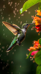 Fototapeta premium Rain Kissed Hummingbird Hovering by Orange Blossoms
