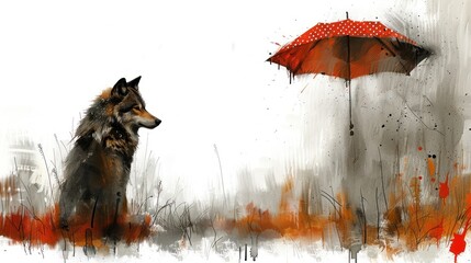 a painting of a dog sitting in the grass with a red umbrella in front of it and a building in the background.