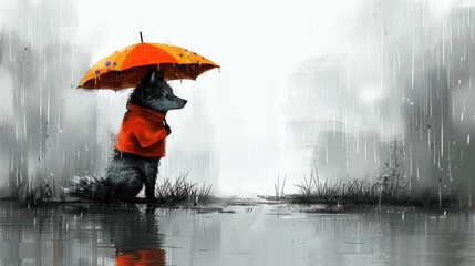 a painting of a dog wearing an orange raincoat and holding an orange umbrella over its head in the rain.
