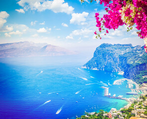 Marina Grande habour with cloudy sky with flowers, Capri island, Italy