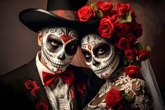 halloween skull with red roses and black hat