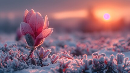 a pink flower is in the middle of a field of frosted grass with the sun setting in the background.